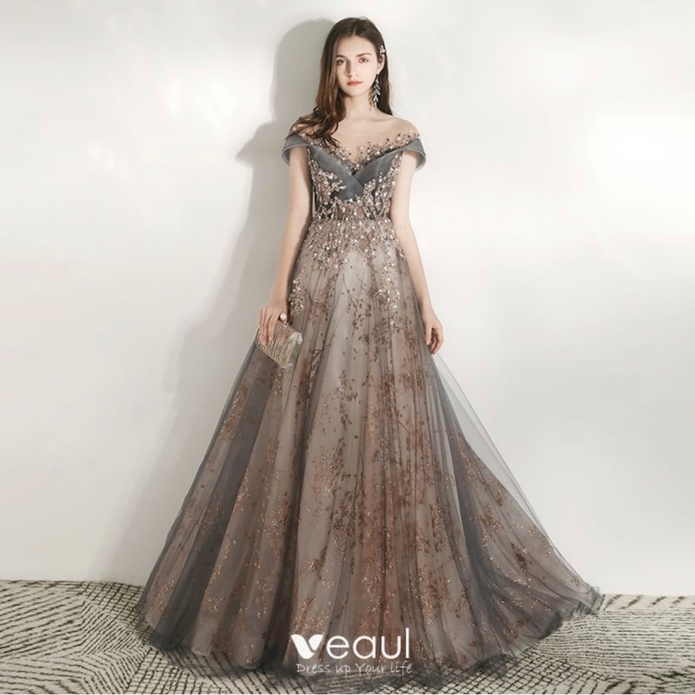 Illusion Grey Prom Dress A-Line, Scoop Neck, Short Sleeve, Beading, Sequins